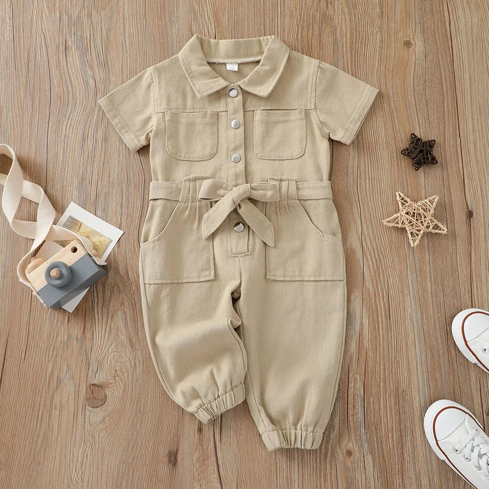 Summer Baby Boys Girls Overalls Pants Pocket Short Sleeve Denim Jumpsuit