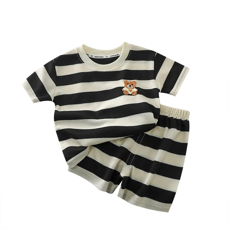 Short-Sleeved Suit Striped Top+Shorts 2-Piece T-Shirt