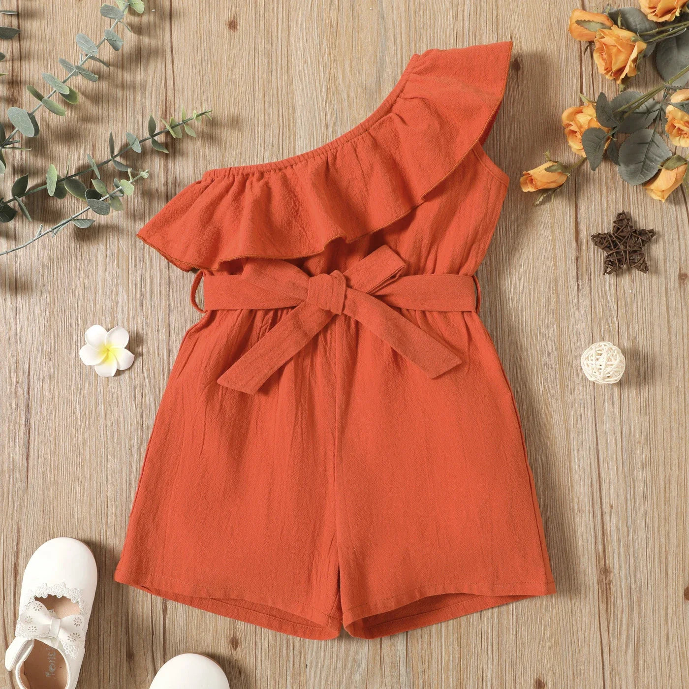 Cotton Off-Shoulder Ruffle Tie-Waist Romper Shorts
