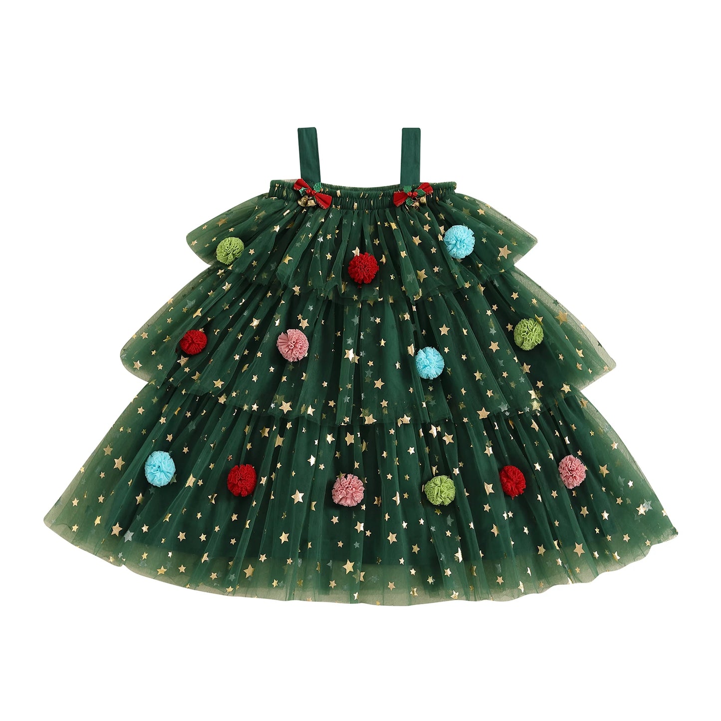 Print Sleeveless Layered Tulle Dress Plush Ball Hat Xmas Clothes