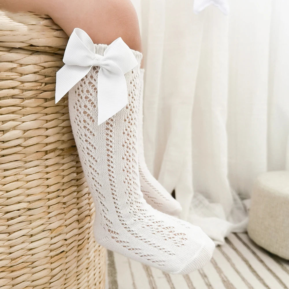 Soft Cotton Mesh Breathable Kids Girls Bow Long Sock
