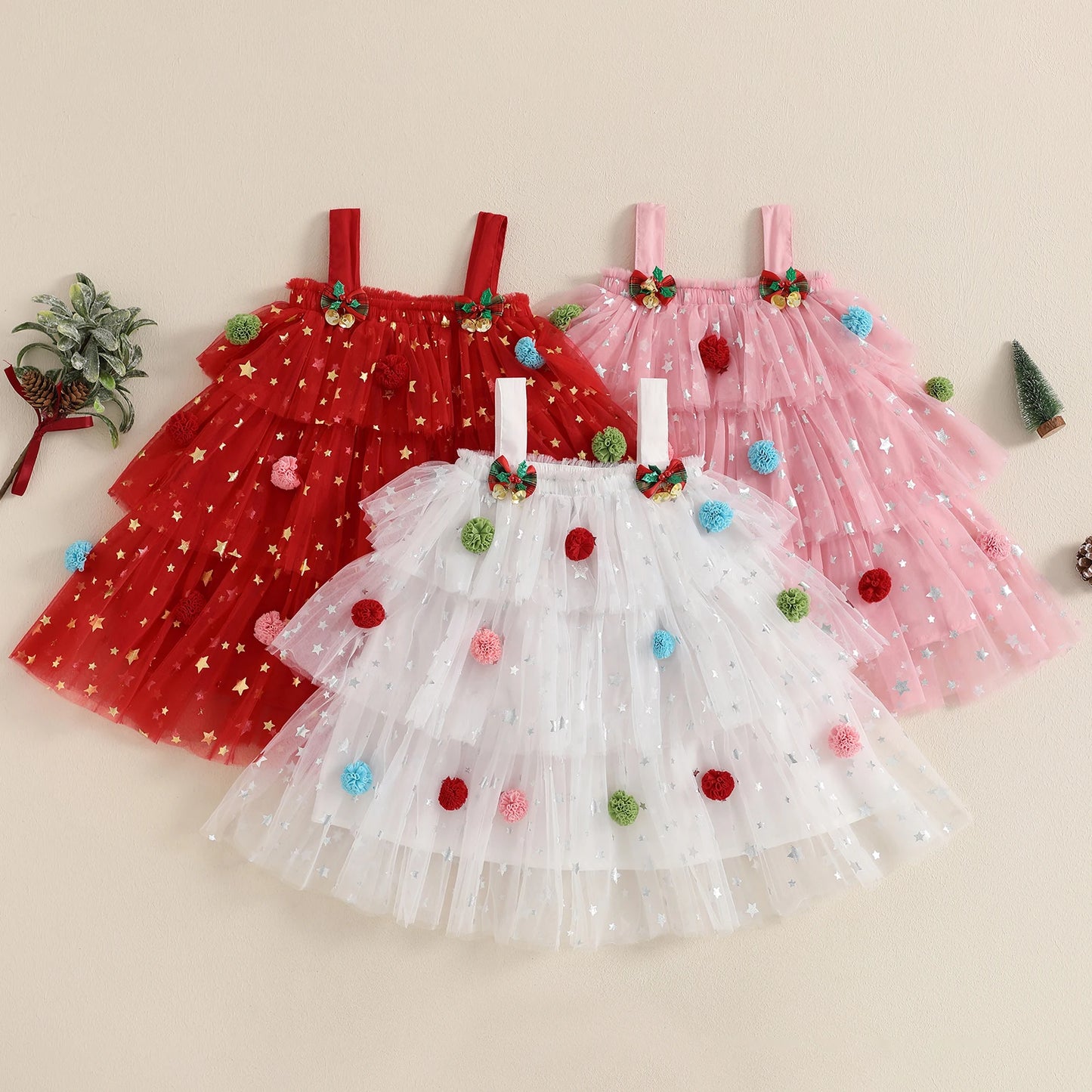 Print Sleeveless Layered Tulle Dress Plush Ball Hat Xmas Clothes