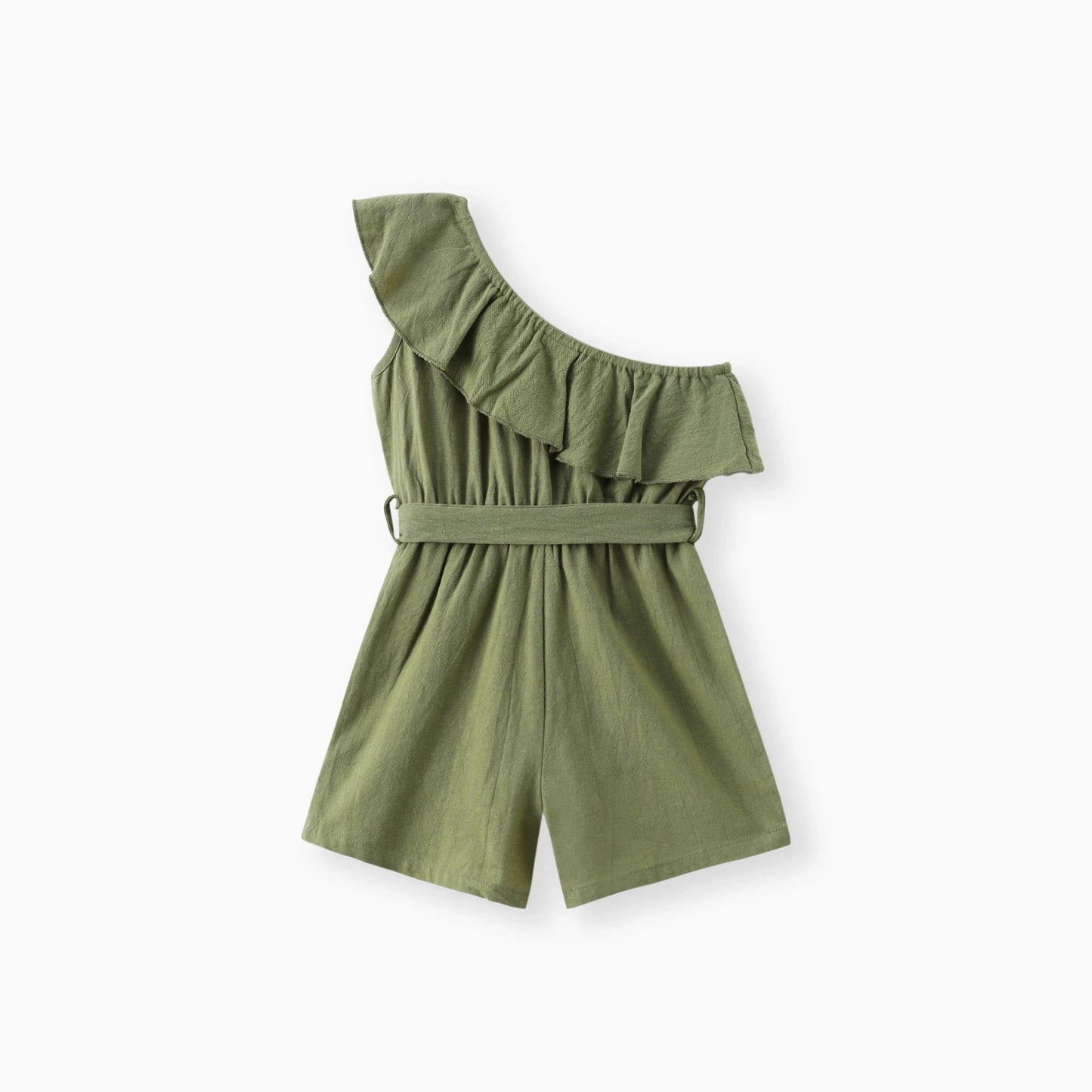 Cotton Off-Shoulder Ruffle Tie-Waist Romper Shorts