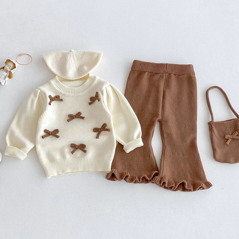 Bow Knit Sweater+Bell-Bottoms Suit 2Pcs Infant Girls Knit Tracksuits
