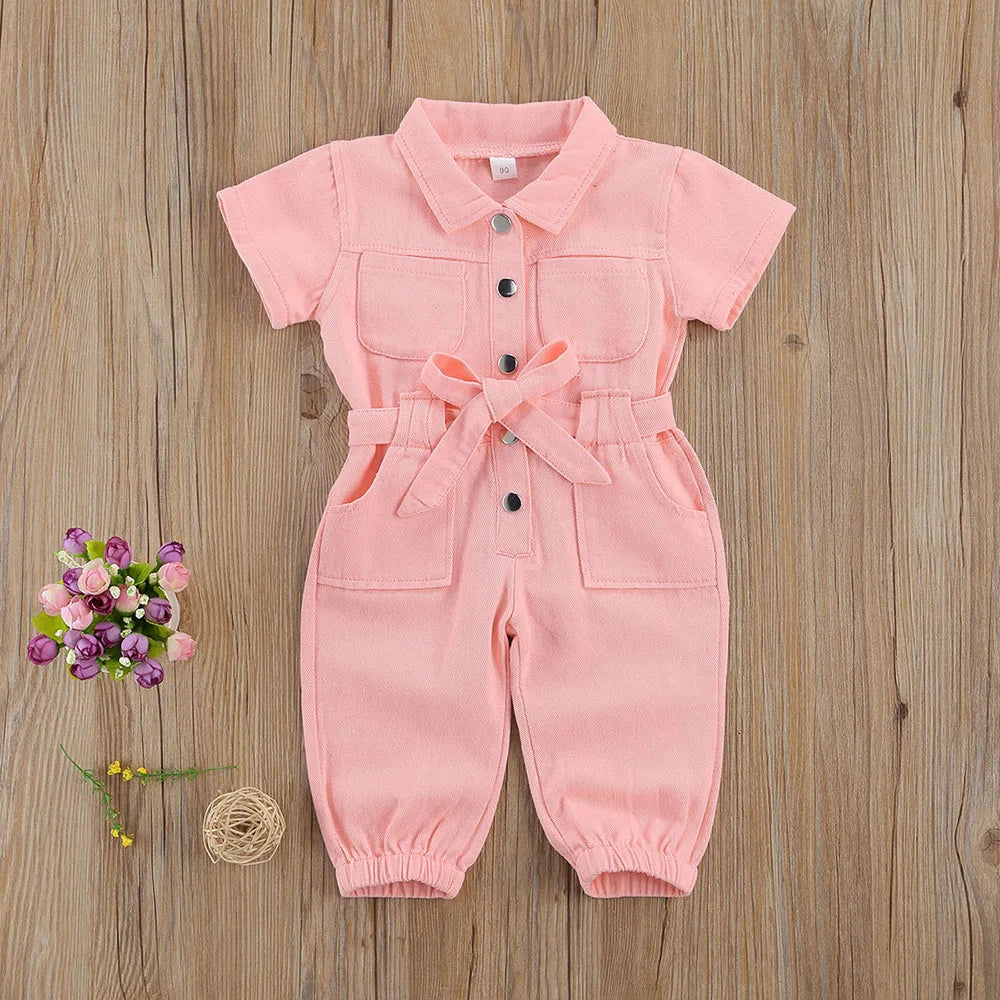 Summer Baby Boys Girls Overalls Pants Pocket Short Sleeve Denim Jumpsuit
