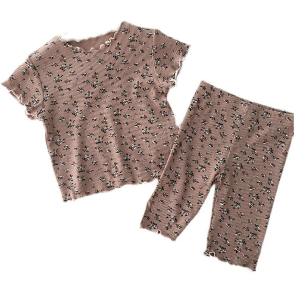 Short Sleeve Round Neck Flower Printed T-shirt Top+Pants 2 Piece Set