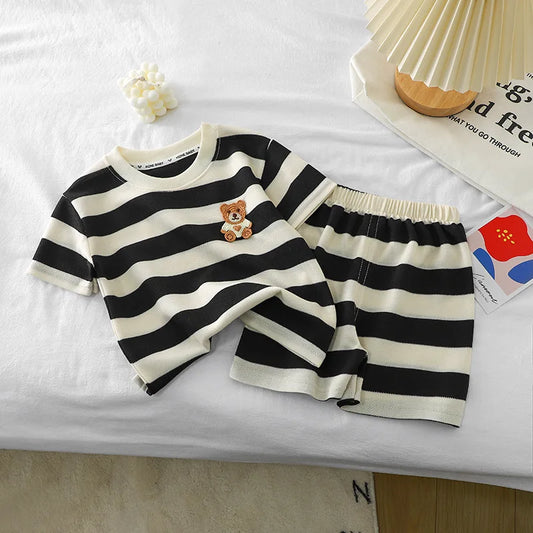 Short-Sleeved Suit Striped Top+Shorts 2-Piece T-Shirt