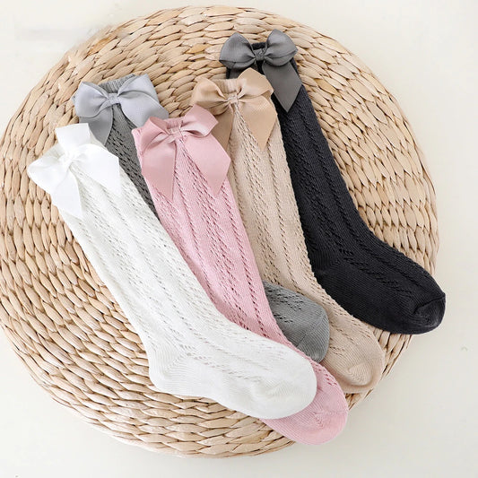 Soft Cotton Mesh Breathable Kids Girls Bow Long Sock