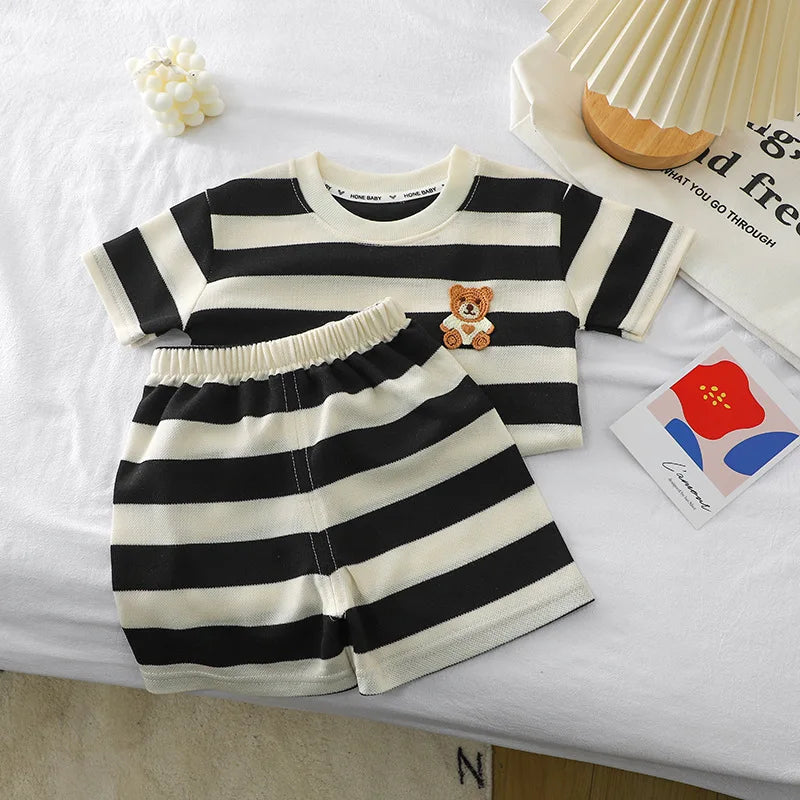 Short-Sleeved Suit Striped Top+Shorts 2-Piece T-Shirt
