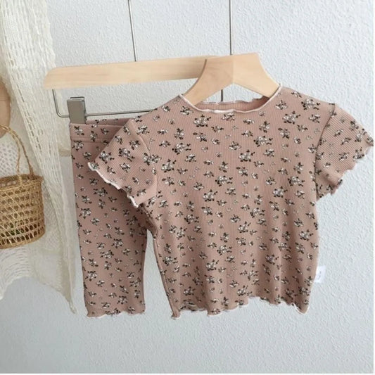 Short Sleeve Round Neck Flower Printed T-shirt Top+Pants 2 Piece Set