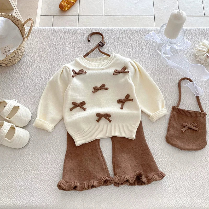 Bow Knit Sweater+Bell-Bottoms Suit 2Pcs Infant Girls Knit Tracksuits