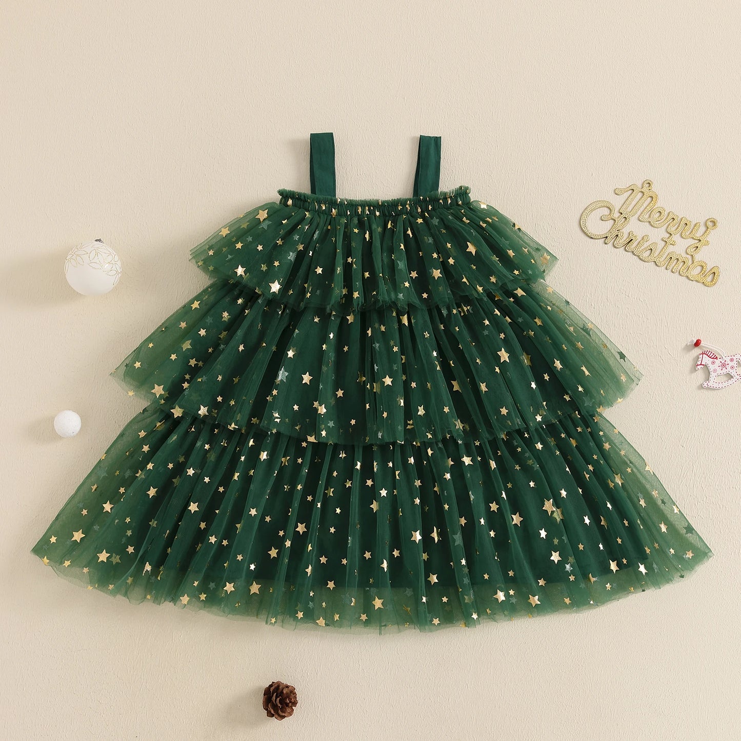 Print Sleeveless Layered Tulle Dress Plush Ball Hat Xmas Clothes