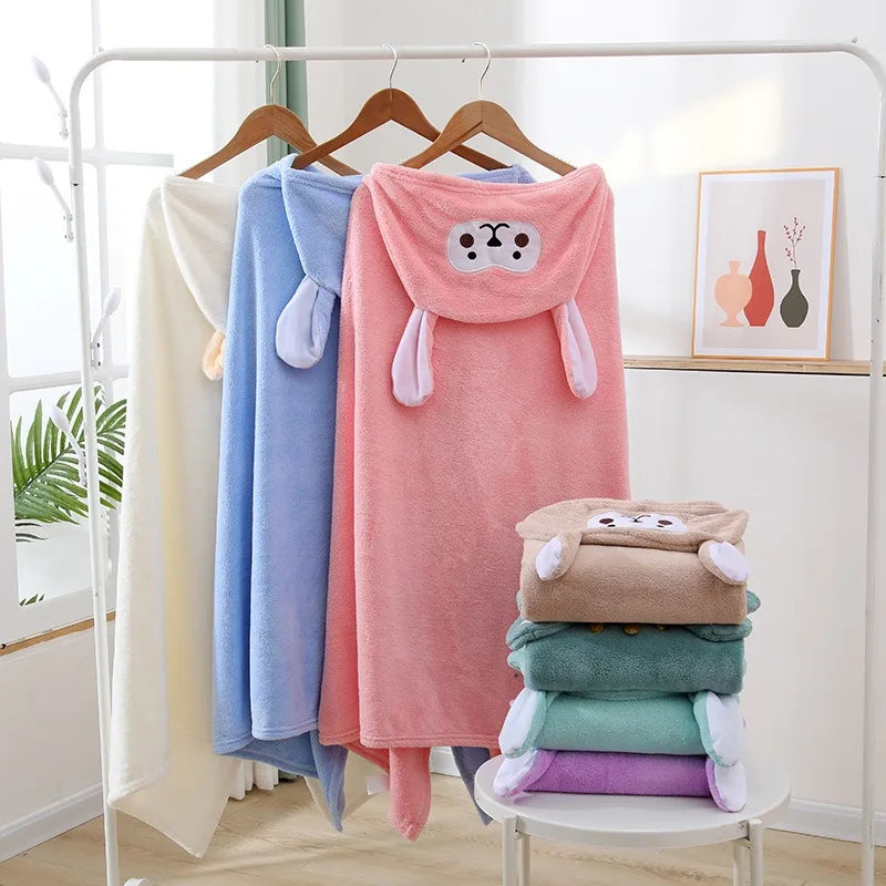 Hooded Bath Poncho Plush Coral Fleece Robe