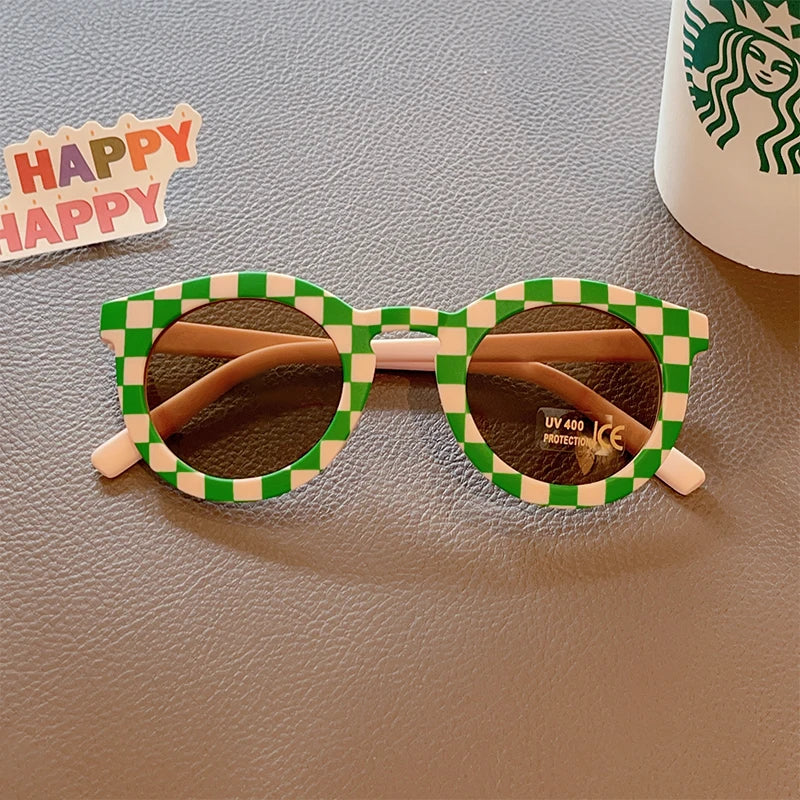 Kids Cute Checker Panel Color Round UV400 Sunglasses