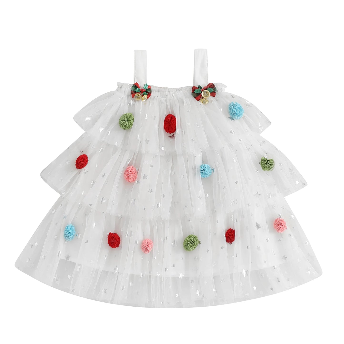 Print Sleeveless Layered Tulle Dress Plush Ball Hat Xmas Clothes