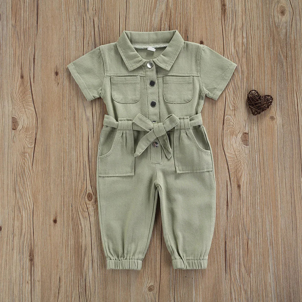 Summer Baby Boys Girls Overalls Pants Pocket Short Sleeve Denim Jumpsuit