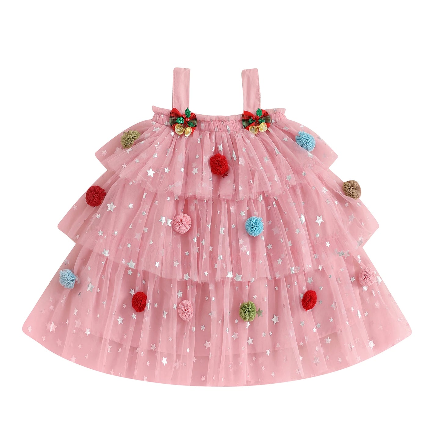 Print Sleeveless Layered Tulle Dress Plush Ball Hat Xmas Clothes