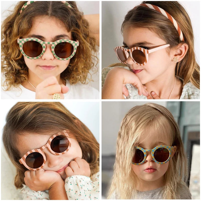 Kids Cute Checker Panel Color Round UV400 Sunglasses