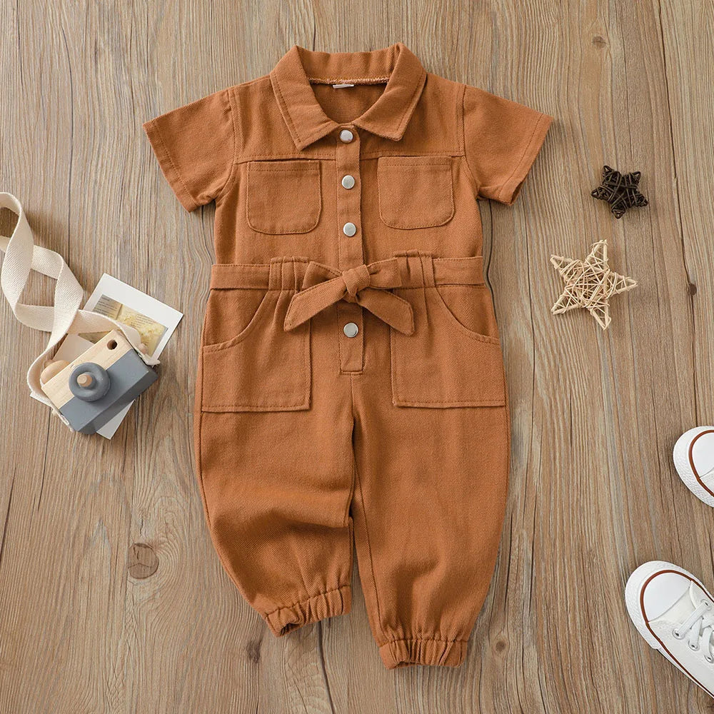 Summer Baby Boys Girls Overalls Pants Pocket Short Sleeve Denim Jumpsuit