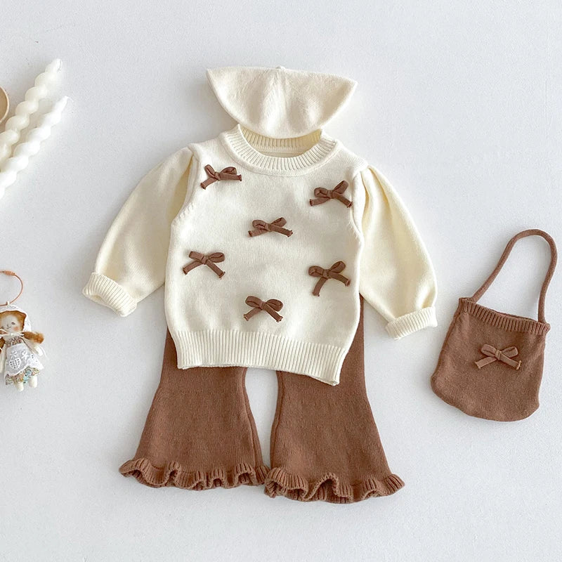 Bow Knit Sweater+Bell-Bottoms Suit 2Pcs Infant Girls Knit Tracksuits
