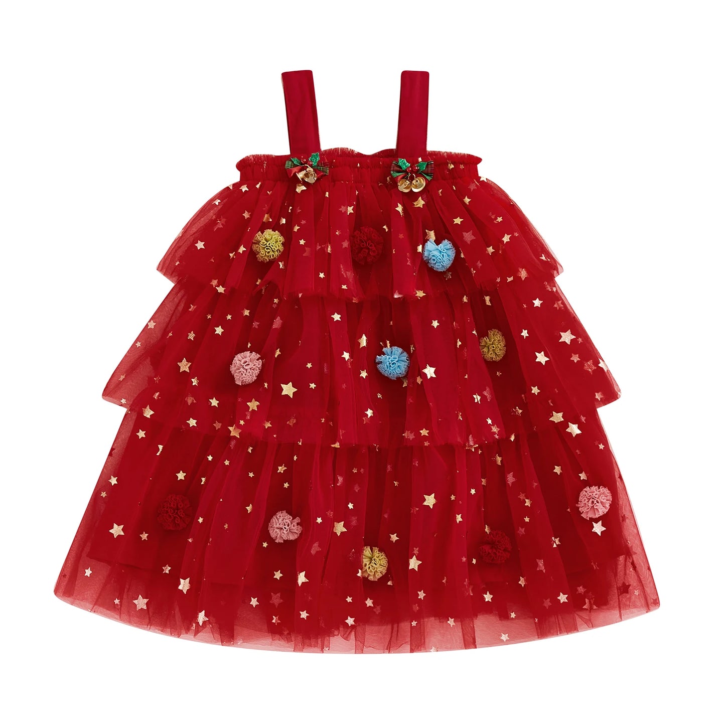 Print Sleeveless Layered Tulle Dress Plush Ball Hat Xmas Clothes