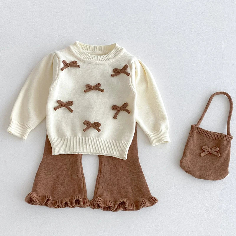 Bow Knit Sweater+Bell-Bottoms Suit 2Pcs Infant Girls Knit Tracksuits
