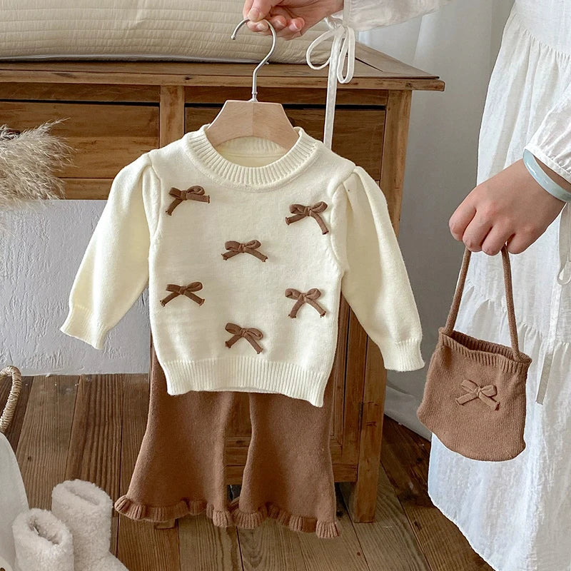 Bow Knit Sweater+Bell-Bottoms Suit 2Pcs Infant Girls Knit Tracksuits
