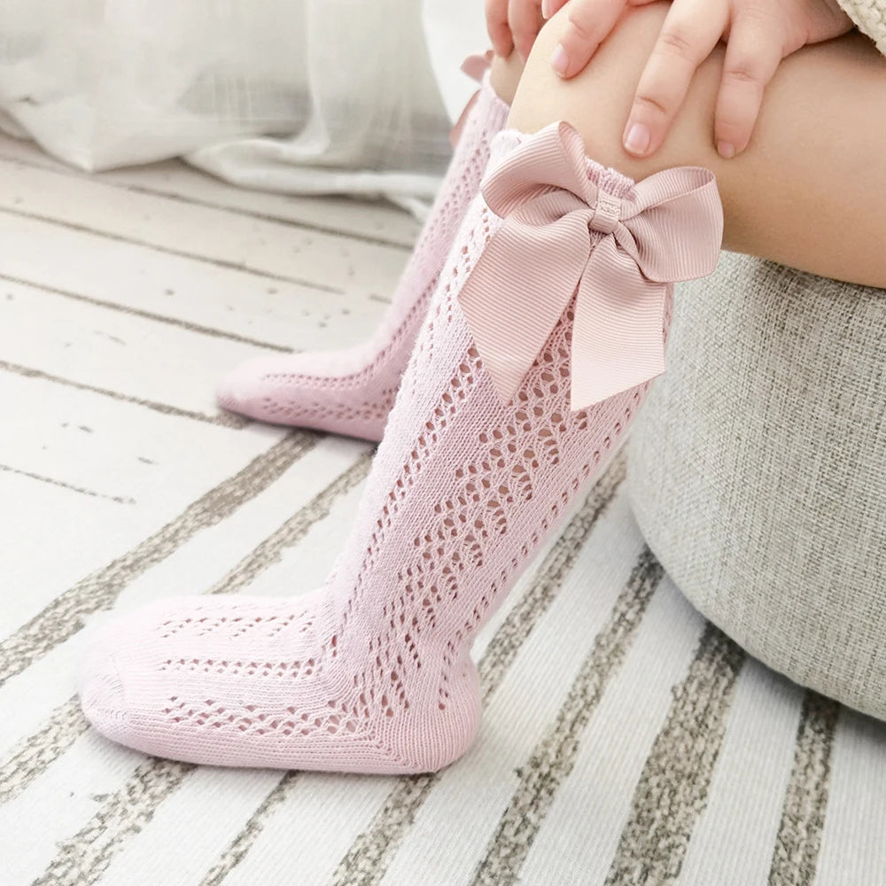 Soft Cotton Mesh Breathable Kids Girls Bow Long Sock