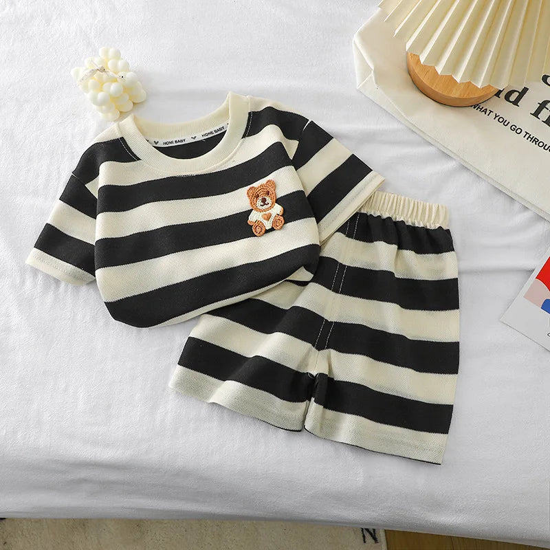 Short-Sleeved Suit Striped Top+Shorts 2-Piece T-Shirt