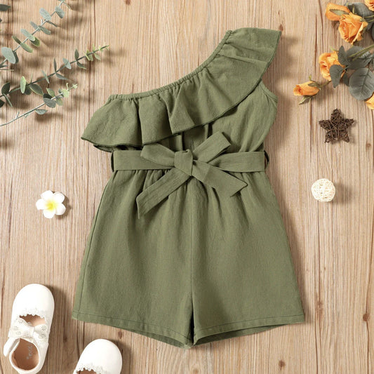 Cotton Off-Shoulder Ruffle Tie-Waist Romper Shorts