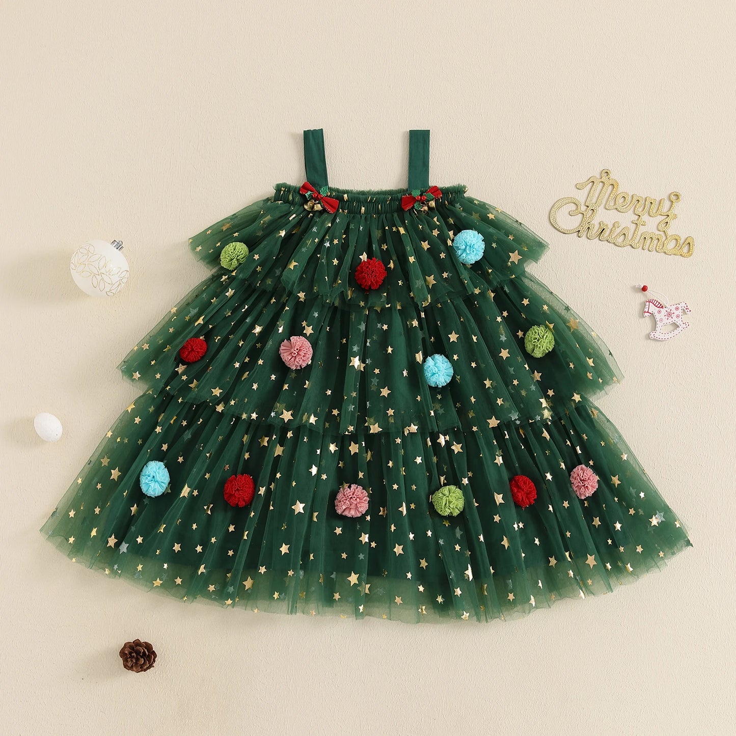 Print Sleeveless Layered Tulle Dress Plush Ball Hat Xmas Clothes