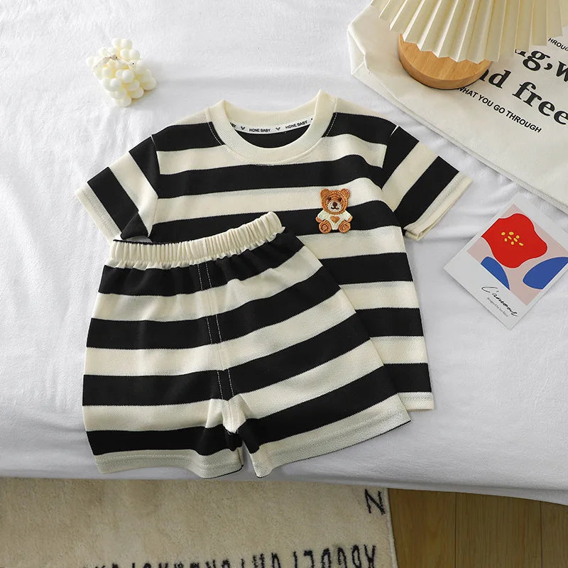 Short-Sleeved Suit Striped Top+Shorts 2-Piece T-Shirt